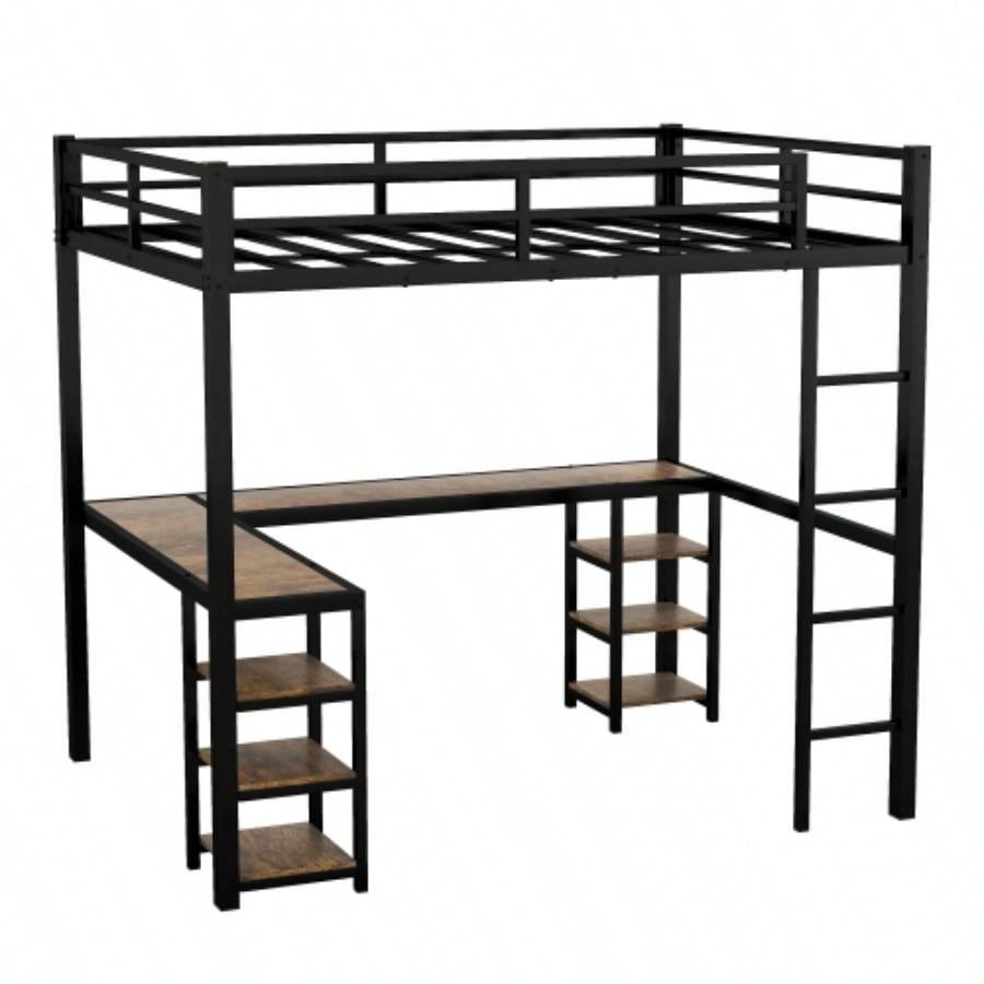 Full XL Metal Loft Bed with Desk and Shelves, Loft Bed with Ladder and Guardrails, Loft Bed Frame Bedroom, Black