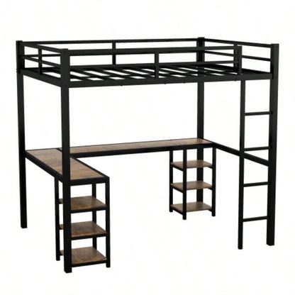 Full XL Metal Loft Bed with Desk and Shelves, Loft Bed with Ladder and Guardrails, Loft Bed Frame Bedroom, Black