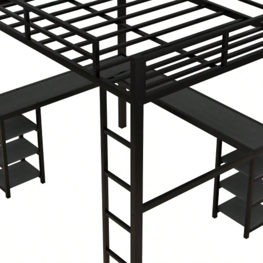 Full Metal Loft Bed with Desk and Shelves, Loft Bed with Ladder and Guardrails, Loft Bed Frame Bedroom, Black with Black Desk