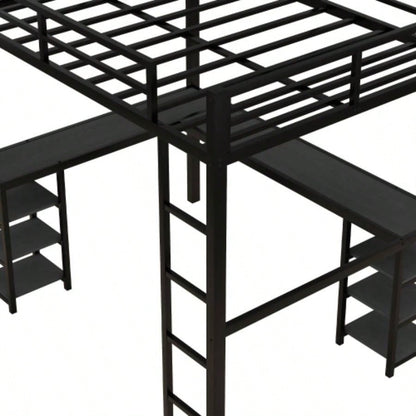 Full Metal Loft Bed with Desk and Shelves, Loft Bed with Ladder and Guardrails, Loft Bed Frame Bedroom, Black with Black Desk