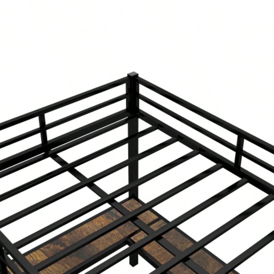 Full XL Metal Loft Bed with Desk and Shelves, Loft Bed with Ladder and Guardrails, Loft Bed Frame Bedroom, Black