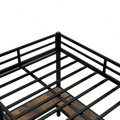 Full XL Metal Loft Bed with Desk and Shelves, Loft Bed with Ladder and Guardrails, Loft Bed Frame Bedroom, Black