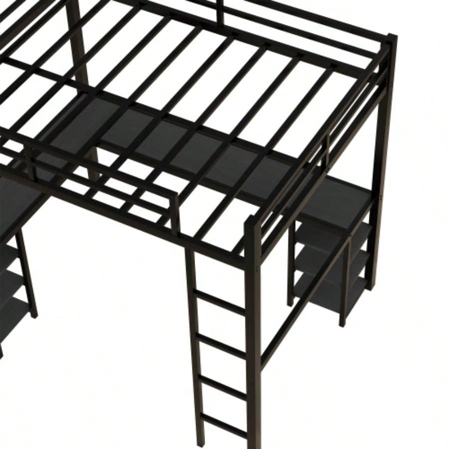 Full Metal Loft Bed with Desk and Shelves, Loft Bed with Ladder and Guardrails, Loft Bed Frame Bedroom, Black with Black Desk