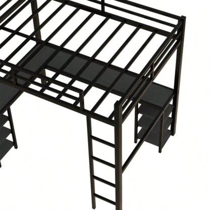 Full Metal Loft Bed with Desk and Shelves, Loft Bed with Ladder and Guardrails, Loft Bed Frame Bedroom, Black with Black Desk