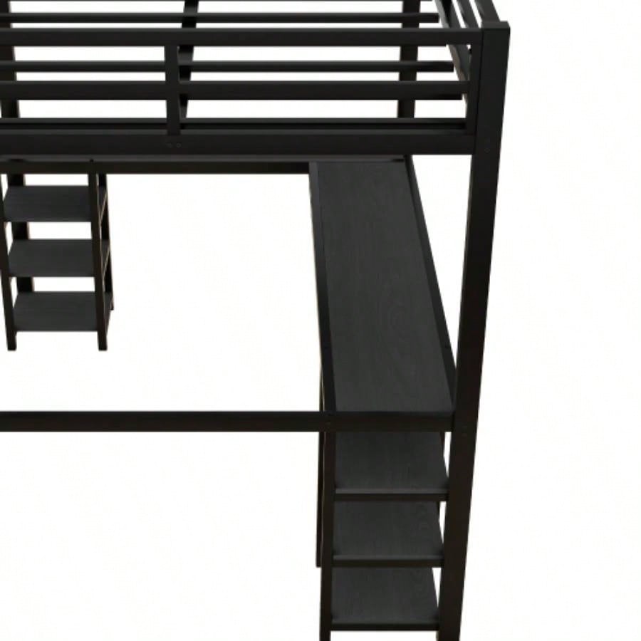 Full Metal Loft Bed with Desk and Shelves, Loft Bed with Ladder and Guardrails, Loft Bed Frame Bedroom, Black with Black Desk