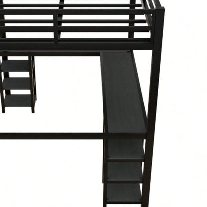 Full Metal Loft Bed with Desk and Shelves, Loft Bed with Ladder and Guardrails, Loft Bed Frame Bedroom, Black with Black Desk