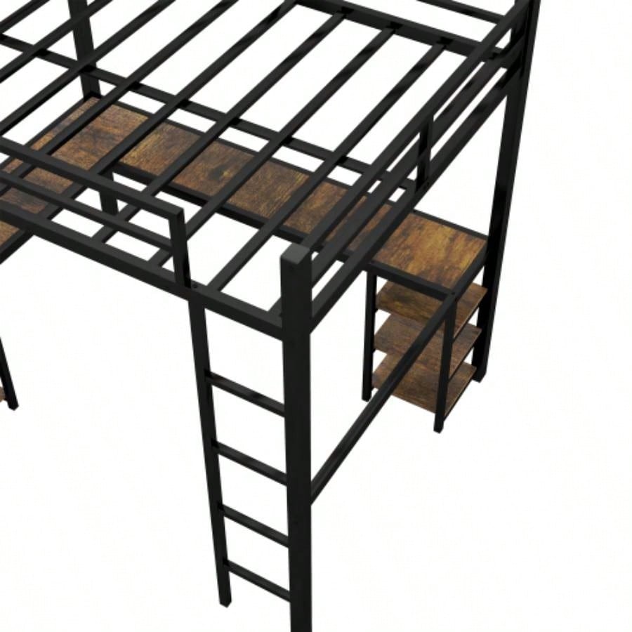Full XL Metal Loft Bed with Desk and Shelves, Loft Bed with Ladder and Guardrails, Loft Bed Frame Bedroom, Black