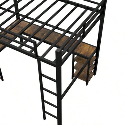 Full XL Metal Loft Bed with Desk and Shelves, Loft Bed with Ladder and Guardrails, Loft Bed Frame Bedroom, Black