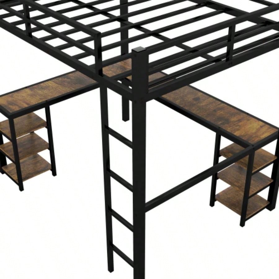 Full XL Metal Loft Bed with Desk and Shelves, Loft Bed with Ladder and Guardrails, Loft Bed Frame Bedroom, Black