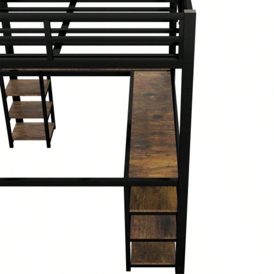 Full XL Metal Loft Bed with Desk and Shelves, Loft Bed with Ladder and Guardrails, Loft Bed Frame Bedroom, Black