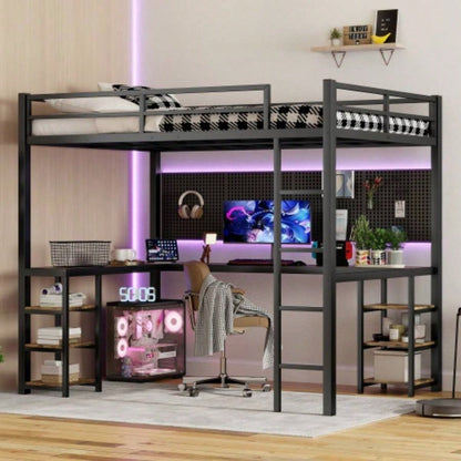 Full XL Metal Loft Bed with Desk and Shelves, Loft Bed with Ladder and Guardrails, Loft Bed Frame Bedroom, Black