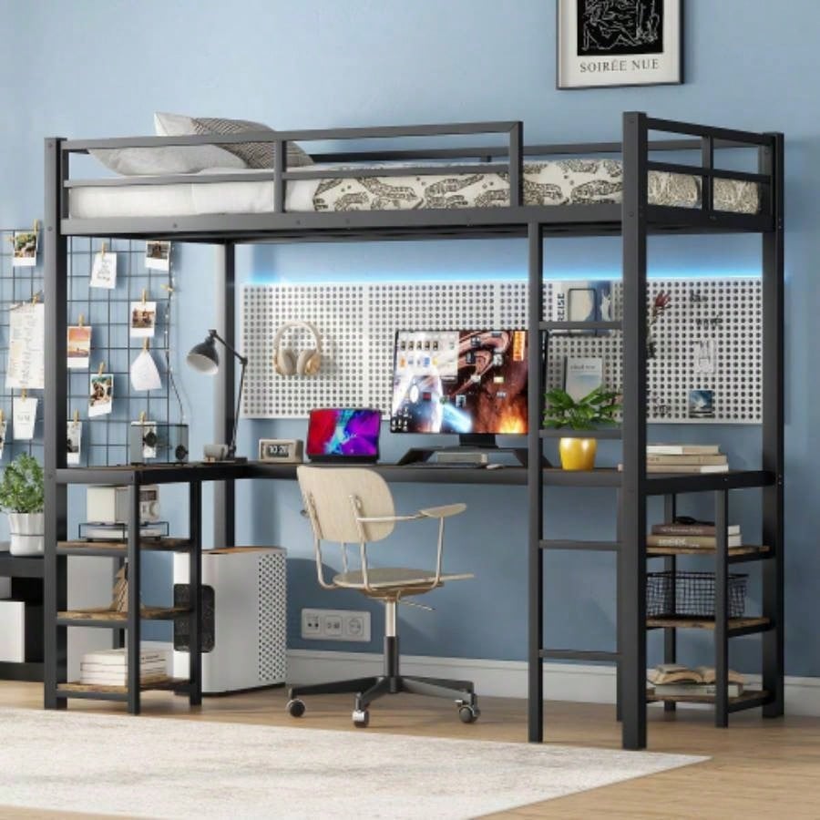 Full XL Metal Loft Bed with Desk and Shelves, Loft Bed with Ladder and Guardrails, Loft Bed Frame Bedroom, Black