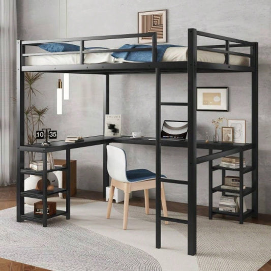 Full Metal Loft Bed with Desk and Shelves, Loft Bed with Ladder and Guardrails, Loft Bed Frame Bedroom, Black with Black Desk