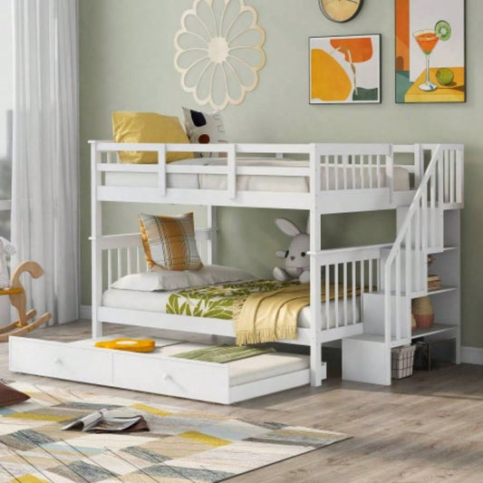 Stairway Full - Over - Full Bunk Bed with Twin size Trundle, Storage and Guard Rail Bedroom, Dorm - WhiteOLD SKU: LT000210AAK