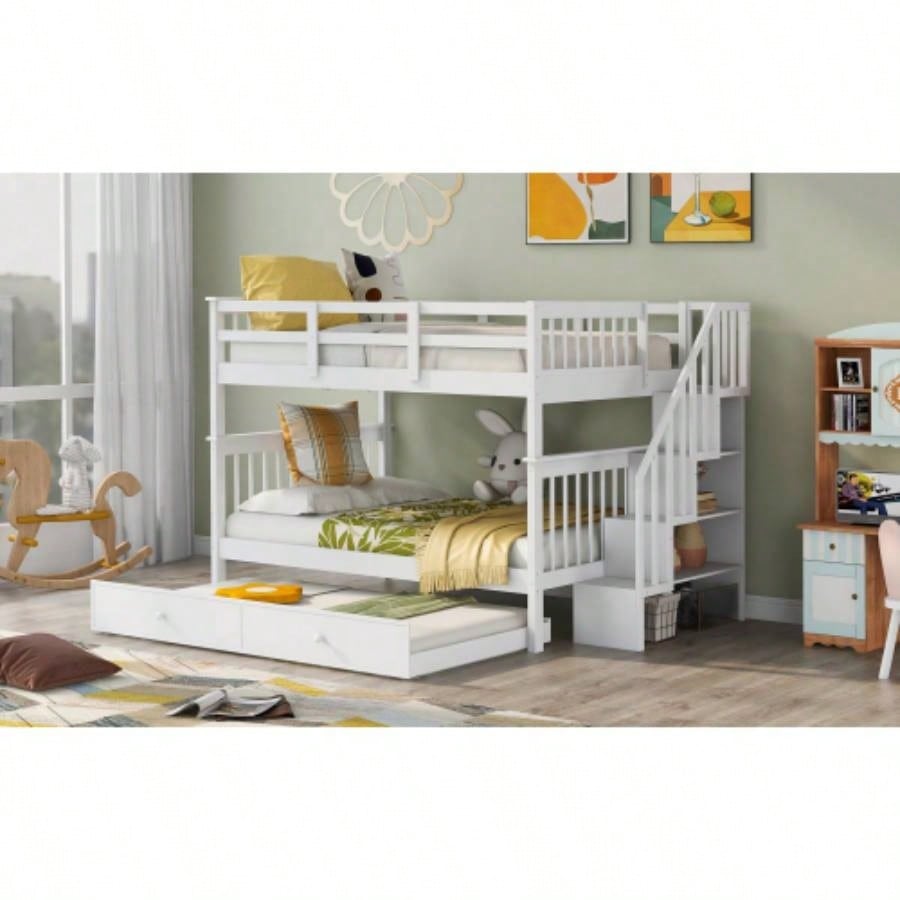 Stairway Full - Over - Full Bunk Bed with Twin size Trundle, Storage and Guard Rail Bedroom, Dorm - WhiteOLD SKU: LT000210AAK