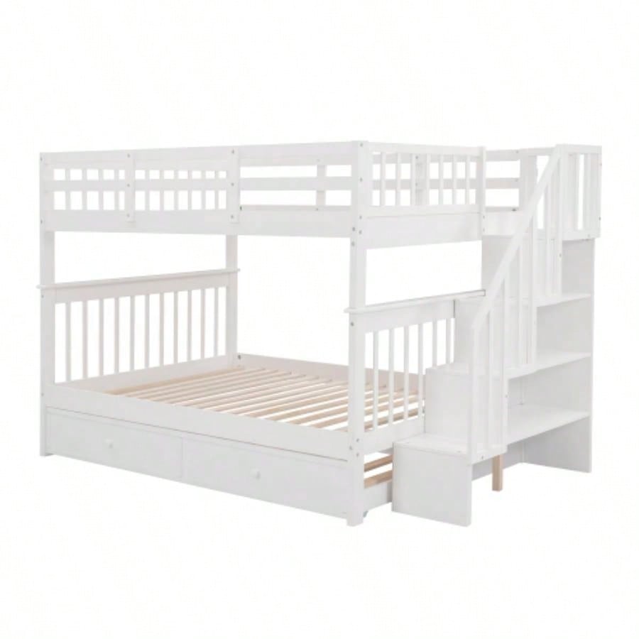 Stairway Full - Over - Full Bunk Bed with Twin size Trundle, Storage and Guard Rail Bedroom, Dorm - WhiteOLD SKU: LT000210AAK