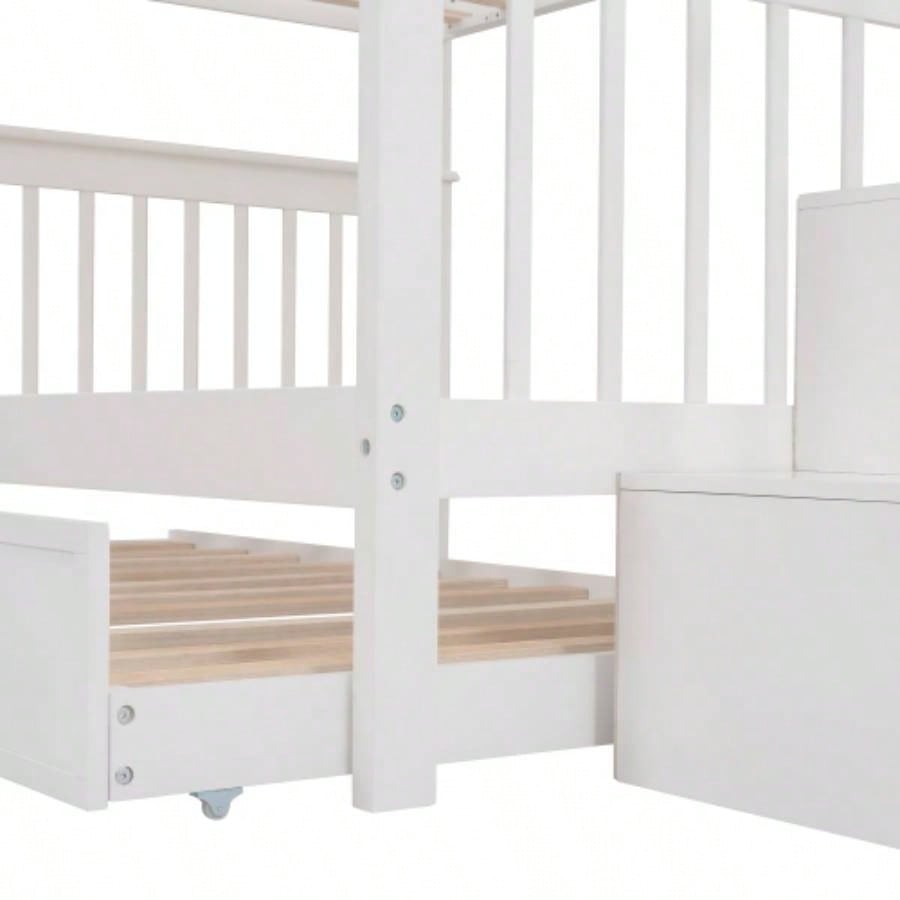 Stairway Full - Over - Full Bunk Bed with Twin size Trundle, Storage and Guard Rail Bedroom, Dorm - WhiteOLD SKU: LT000210AAK