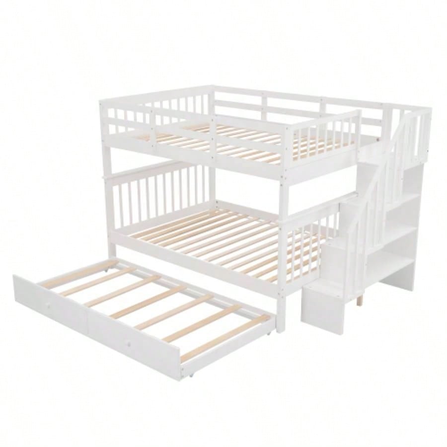 Stairway Full - Over - Full Bunk Bed with Twin size Trundle, Storage and Guard Rail Bedroom, Dorm - WhiteOLD SKU: LT000210AAK