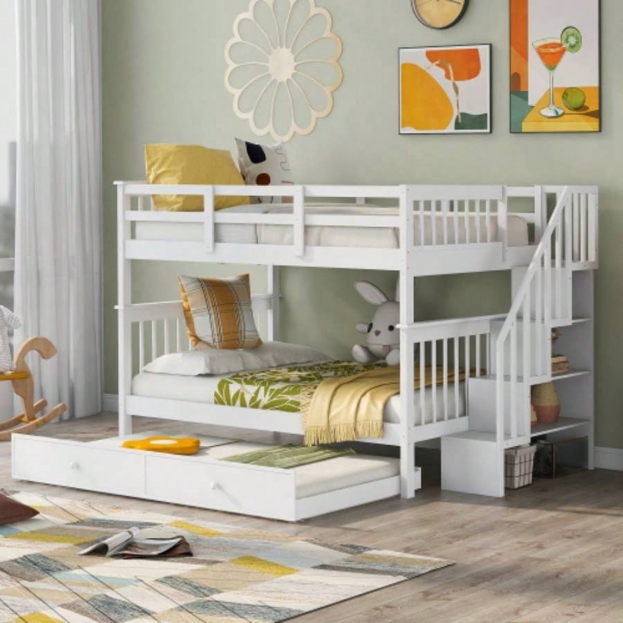Stairway Full - Over - Full Bunk Bed with Twin size Trundle, Storage and Guard Rail Bedroom, Dorm - WhiteOLD SKU: LT000210AAK