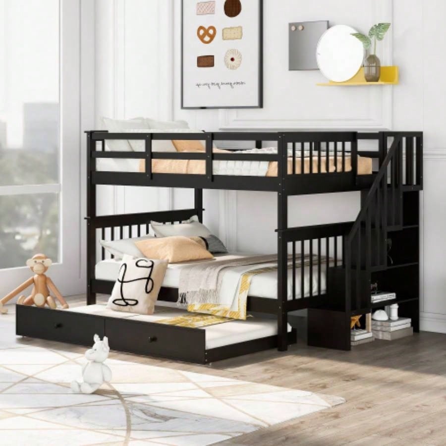 Stairway Full - Over - Full Bunk Bed with Twin size Trundle, Storage and Guard Rail Bedroom, Dorm - WhiteOLD SKU: LT000210AAK