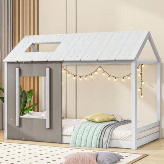 Twin Size House Platform with Roof and Window, White+Antique Old SKU: WF294130AAE