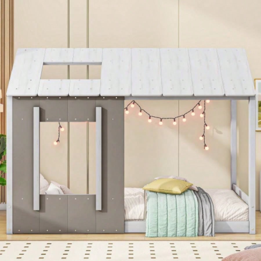 Twin Size House Platform with Roof and Window, White+Antique Old SKU: WF294130AAE
