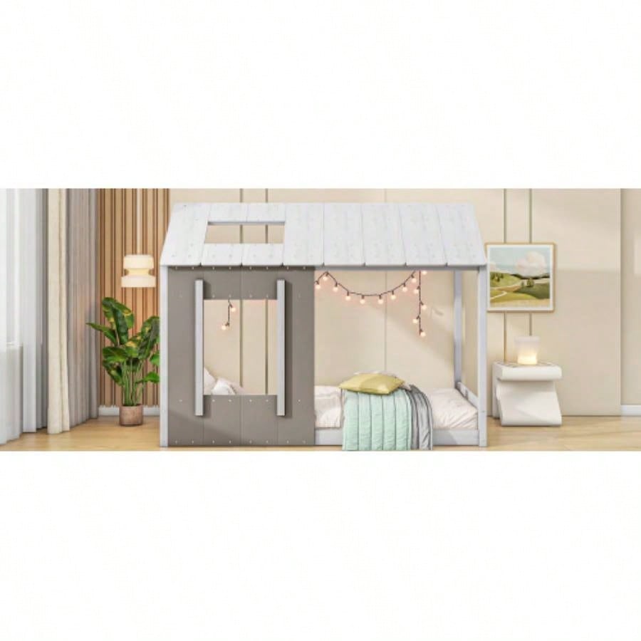 Twin Size House Platform with Roof and Window, White+Antique Old SKU: WF294130AAE