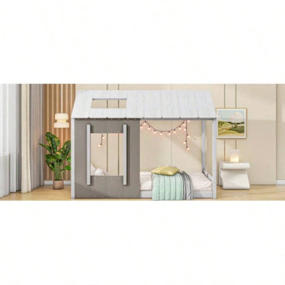 Twin Size House Platform with Roof and Window, White+Antique Old SKU: WF294130AAE