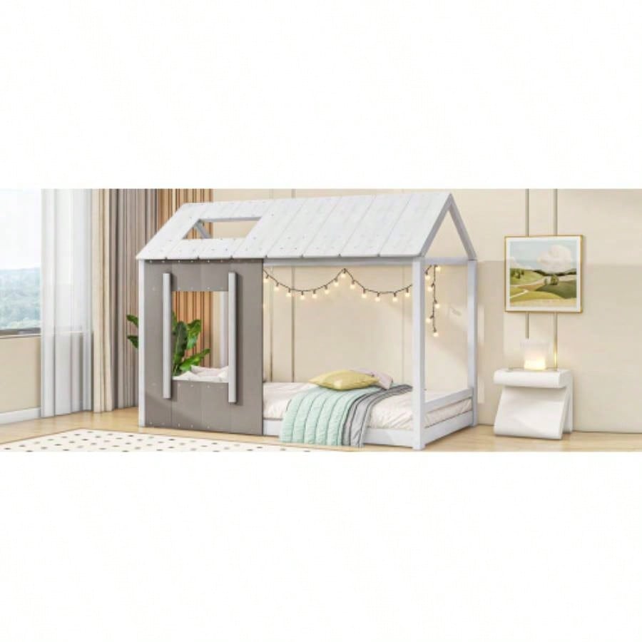 Twin Size House Platform with Roof and Window, White+Antique Old SKU: WF294130AAE