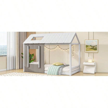 Twin Size House Platform with Roof and Window, White+Antique Old SKU: WF294130AAE