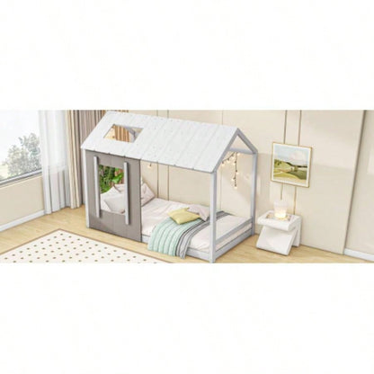 Twin Size House Platform with Roof and Window, White+Antique Old SKU: WF294130AAE