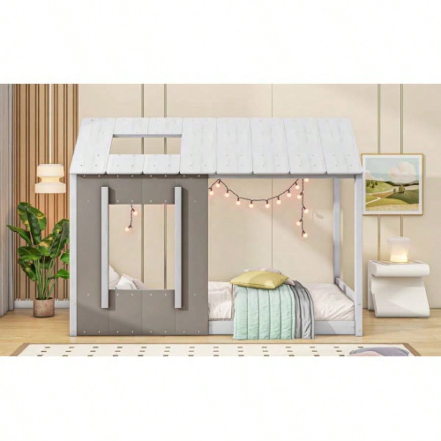 Twin Size House Platform with Roof and Window, White+Antique Old SKU: WF294130AAE