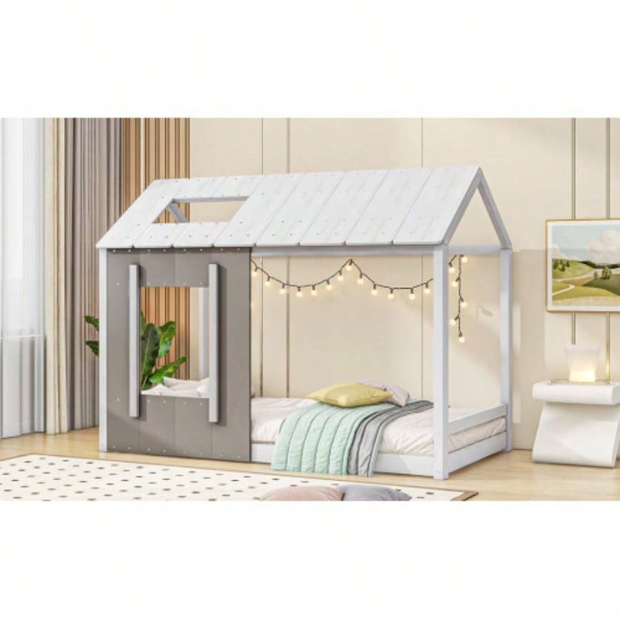 Twin Size House Platform with Roof and Window, White+Antique Old SKU: WF294130AAE