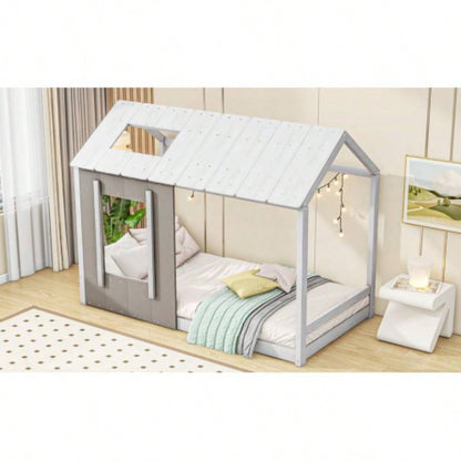 Twin Size House Platform with Roof and Window, White+Antique Old SKU: WF294130AAE