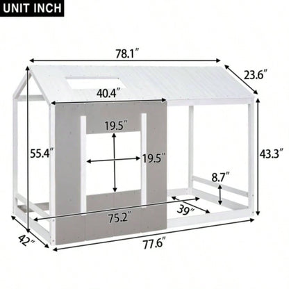Twin Size House Platform with Roof and Window, White+Antique Old SKU: WF294130AAE