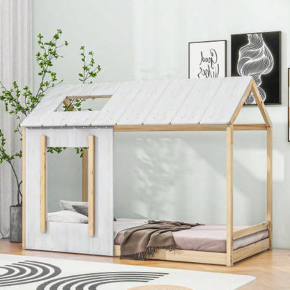 Twin Size House Platform with Roof and Window, White+Antique Old SKU: WF294130AAE