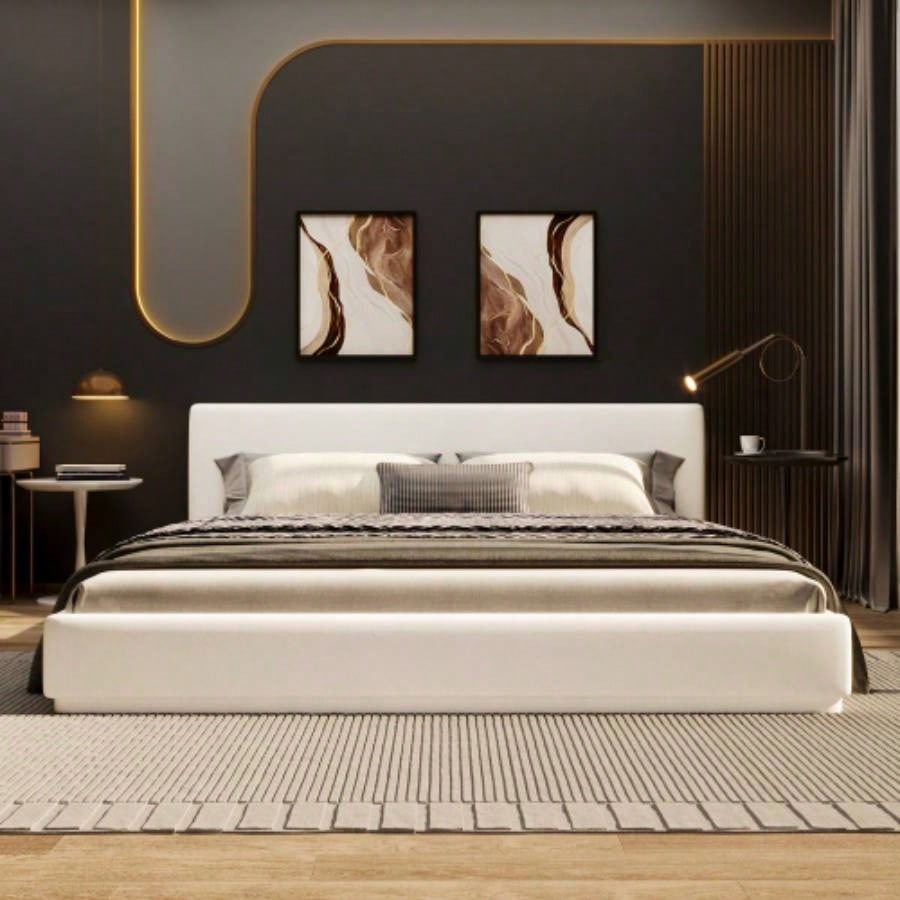 Soft and comfortable upholstered bed. Luxurious and cozy bedroom centerpiece, size, white