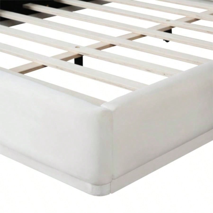 Soft and comfortable upholstered bed. Luxurious and cozy bedroom centerpiece, size, white