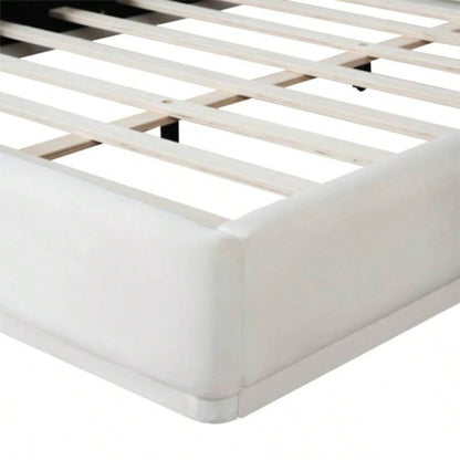 Soft and comfortable upholstered bed. Luxurious and cozy bedroom centerpiece, size, white