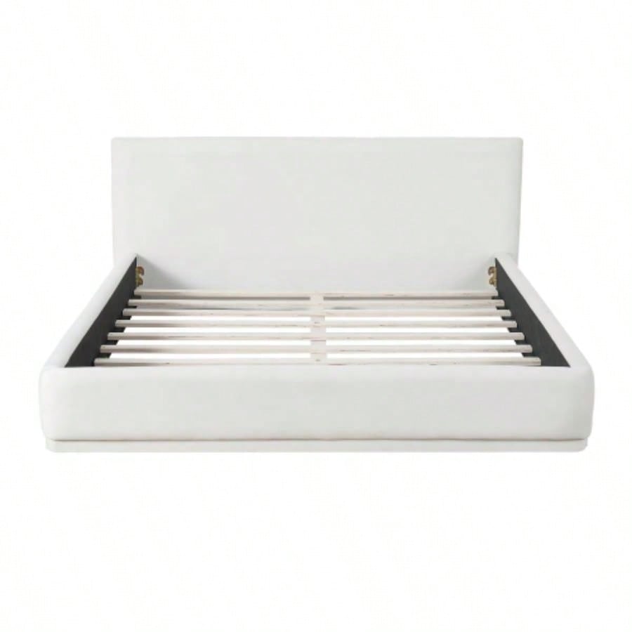 Soft and comfortable upholstered bed. Luxurious and cozy bedroom centerpiece, size, white