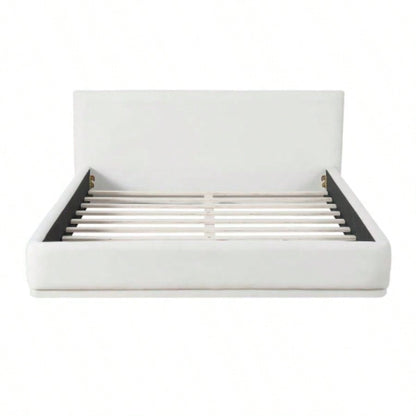 Soft and comfortable upholstered bed. Luxurious and cozy bedroom centerpiece, size, white