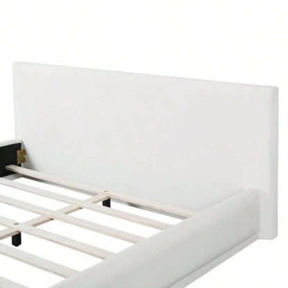 Soft and comfortable upholstered bed. Luxurious and cozy bedroom centerpiece, size, white