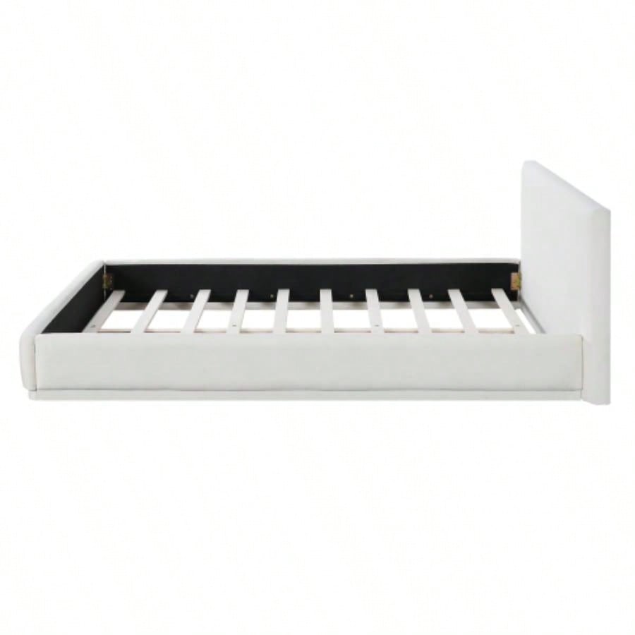 Soft and comfortable upholstered bed. Luxurious and cozy bedroom centerpiece, size, white