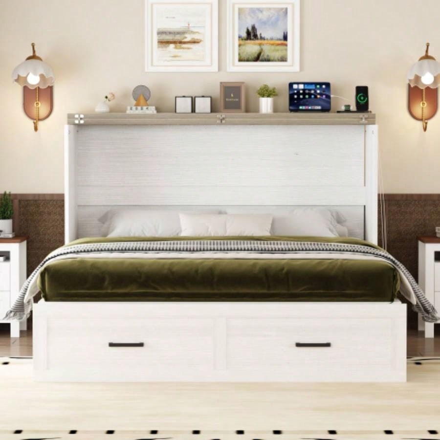Size Farmhouse Murphy Cabinet Bed with Charging Station, Foldable Platform Bed with Large Storage Drawer Guest - Room, Small Bedroom, White