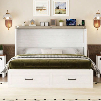 Size Farmhouse Murphy Cabinet Bed with Charging Station, Foldable Platform Bed with Large Storage Drawer Guest - Room, Small Bedroom, White