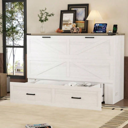 Size Farmhouse Murphy Cabinet Bed with Charging Station, Foldable Platform Bed with Large Storage Drawer Guest - Room, Small Bedroom, White