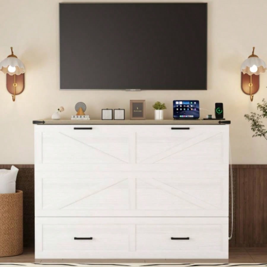 Size Farmhouse Murphy Cabinet Bed with Charging Station, Foldable Platform Bed with Large Storage Drawer Guest - Room, Small Bedroom, White