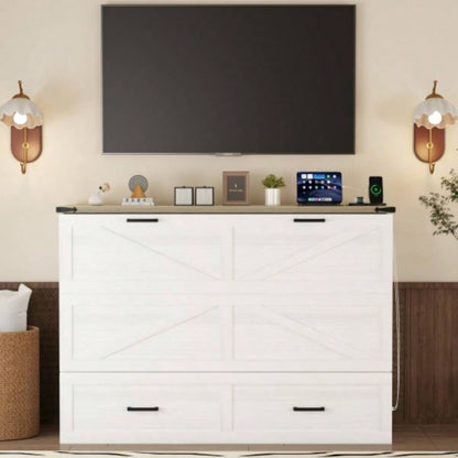 Size Farmhouse Murphy Cabinet Bed with Charging Station, Foldable Platform Bed with Large Storage Drawer Guest - Room, Small Bedroom, White