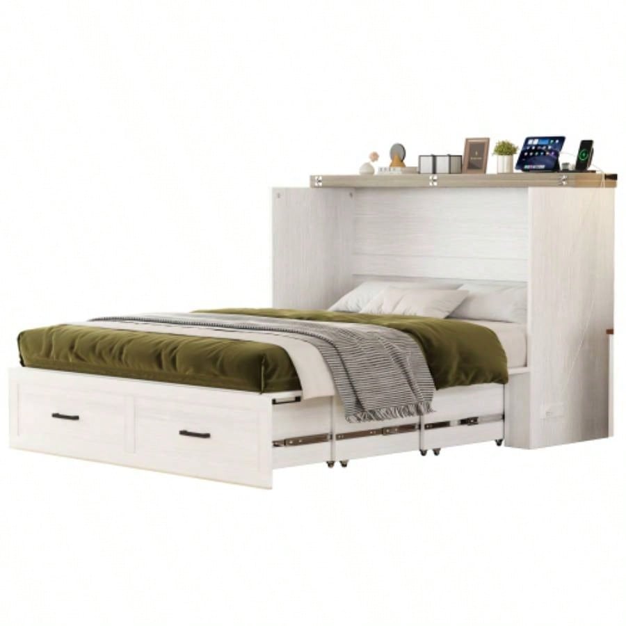 Size Farmhouse Murphy Cabinet Bed with Charging Station, Foldable Platform Bed with Large Storage Drawer Guest - Room, Small Bedroom, White