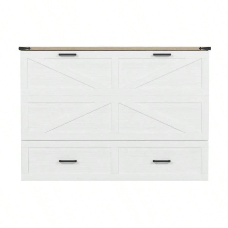 Size Farmhouse Murphy Cabinet Bed with Charging Station, Foldable Platform Bed with Large Storage Drawer Guest - Room, Small Bedroom, White
